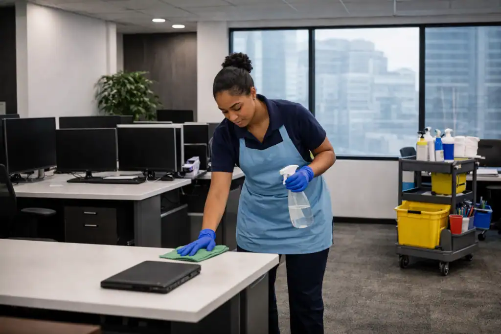 Commercial cleaner sanitizing office desk in North York during professional office cleaning service