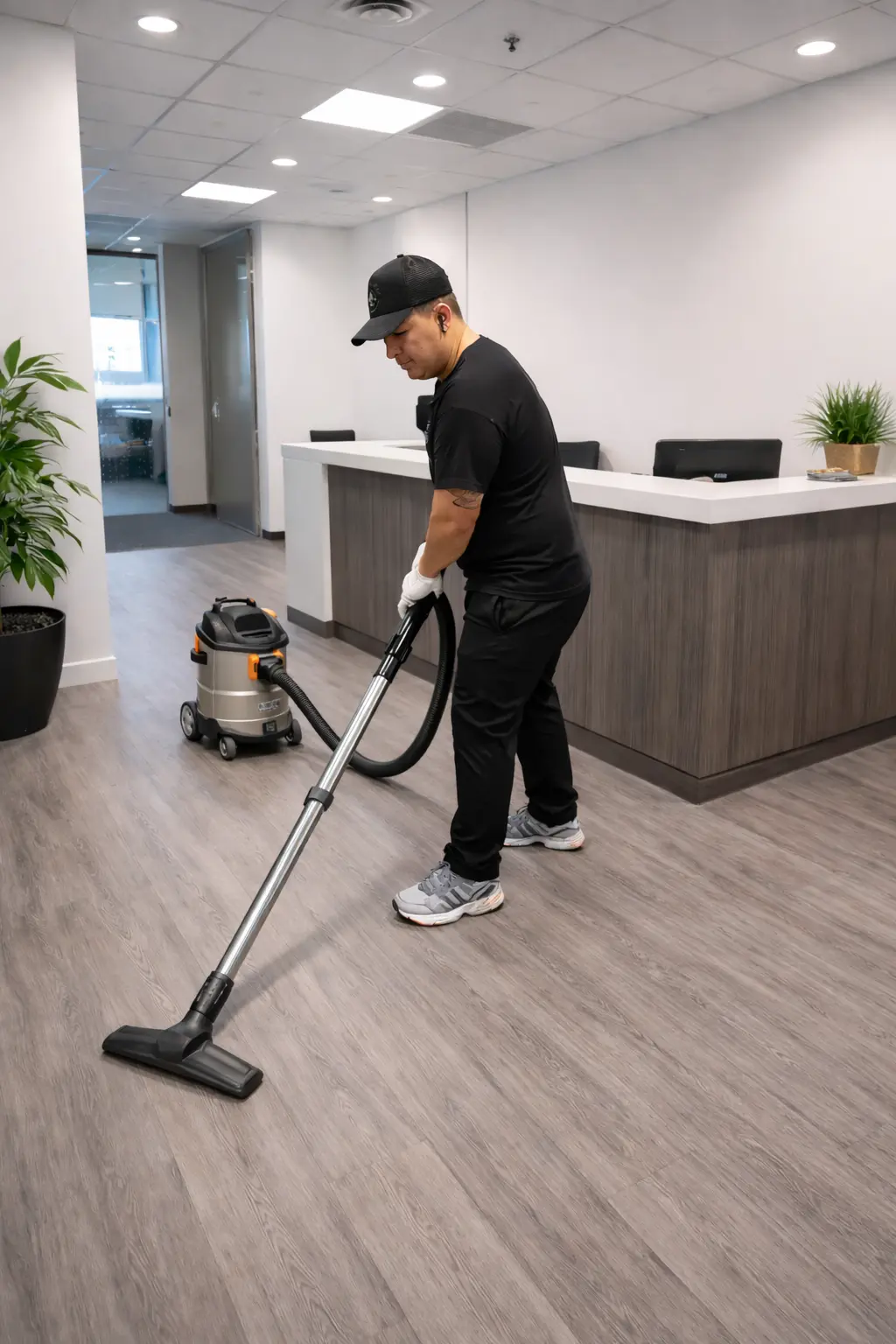 Office cleaners maintaining a reception area