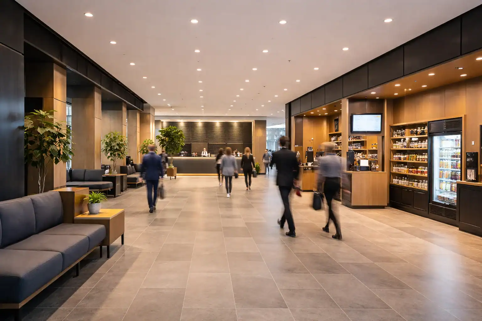Busy high-traffic office lobby area with people walking through a modern commercial building entrance