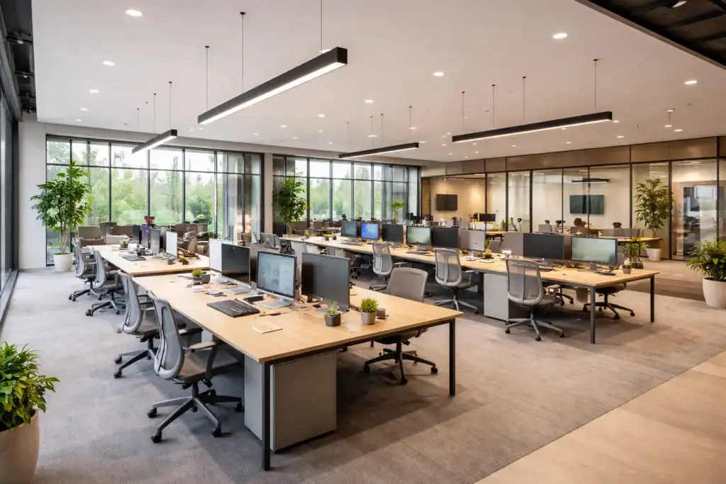 Modern open office workspace with desks, computers, and large windows in a clean corporate office environment