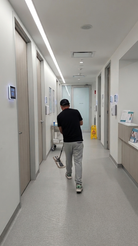 Commercial cleaning team maintaining a clinic environment in North York, disinfecting treatment rooms and common areas