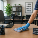 Dusting an office desk to reduce dust in a North York workplace