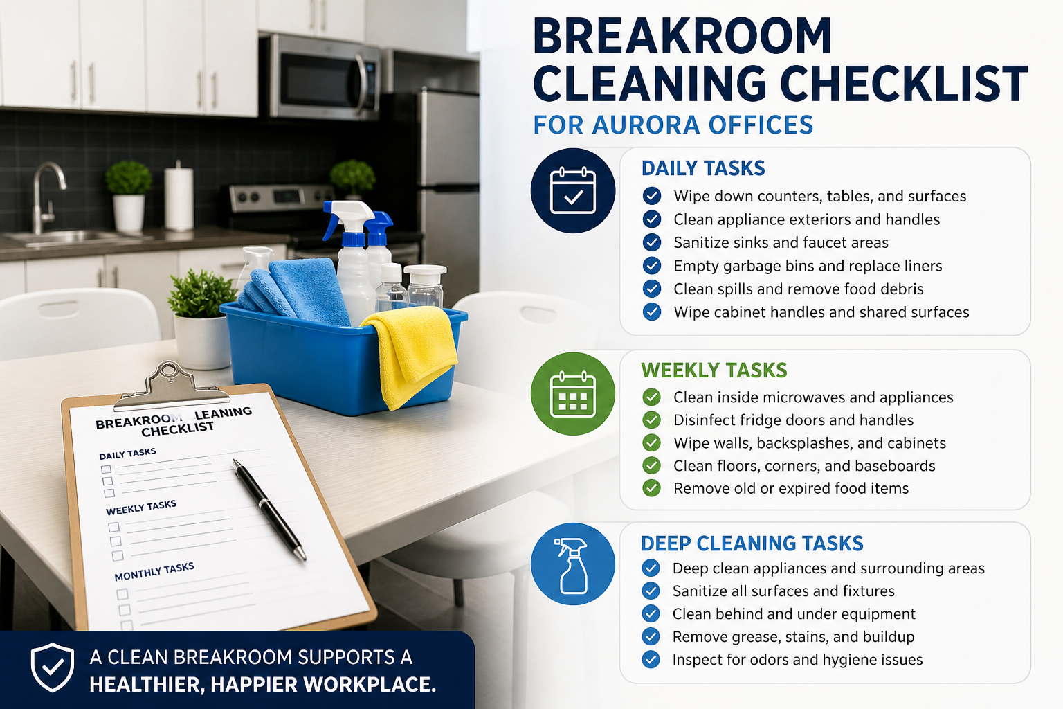 Breakroom cleaning checklist Aurora showing daily weekly and deep cleaning tasks in an office kitchen