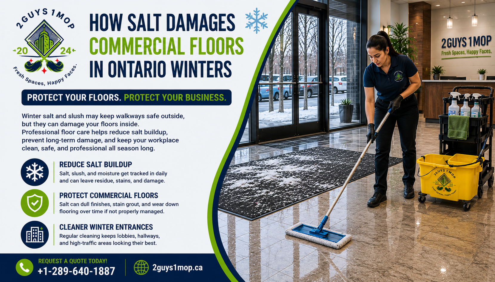 Commercial floor salt damage in a Toronto building with a cleaner maintaining winter entrance floors