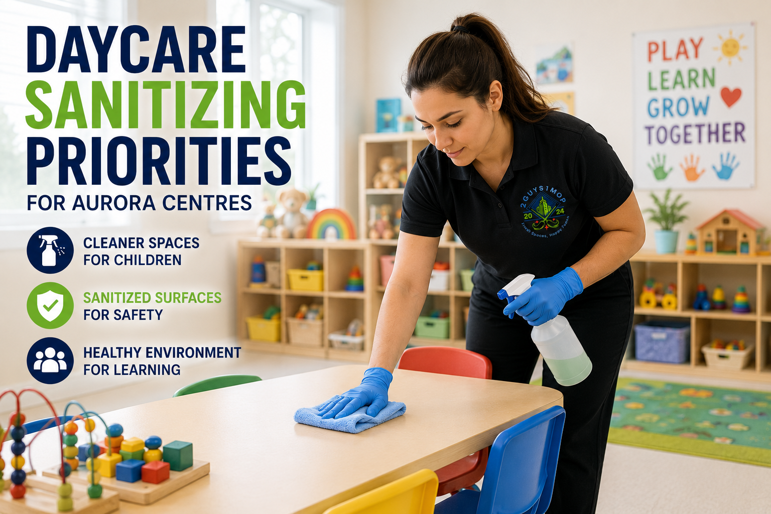Daycare sanitizing Aurora classroom with a cleaner disinfecting tables and shared play areas