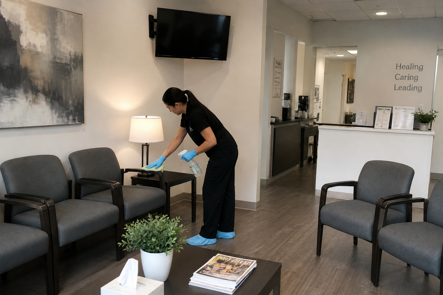 Medical clinic waiting room cleaning in North York with a cleaner disinfecting chairs and surfaces