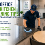 Office kitchen cleaning Aurora business breakroom with a cleaner wiping countertops and shared surfaces