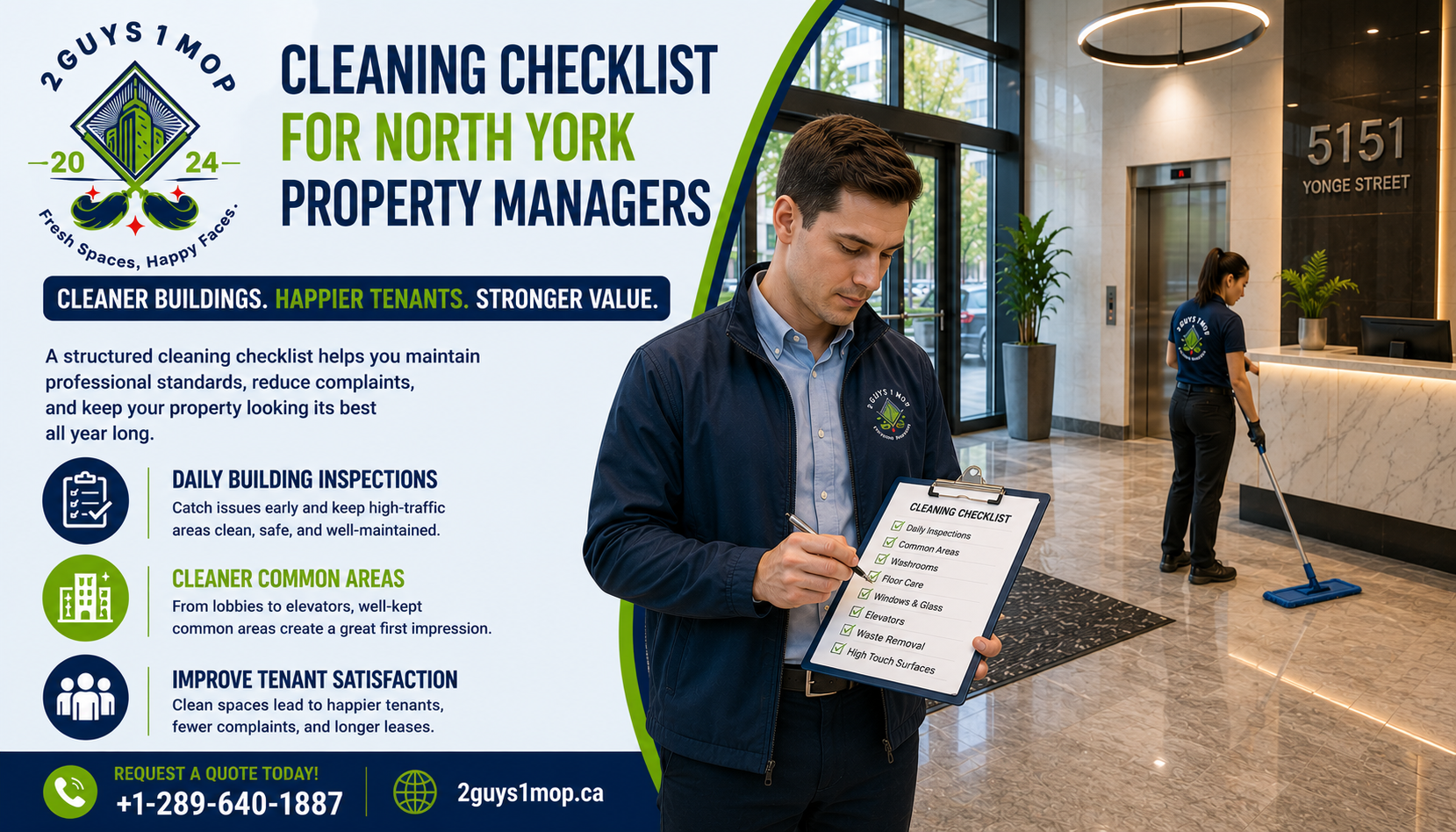 Property manager reviewing a cleaning checklist while commercial cleaners maintain a North York office building