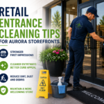 Retail entrance cleaning Aurora storefront with a cleaner wiping commercial glass doors