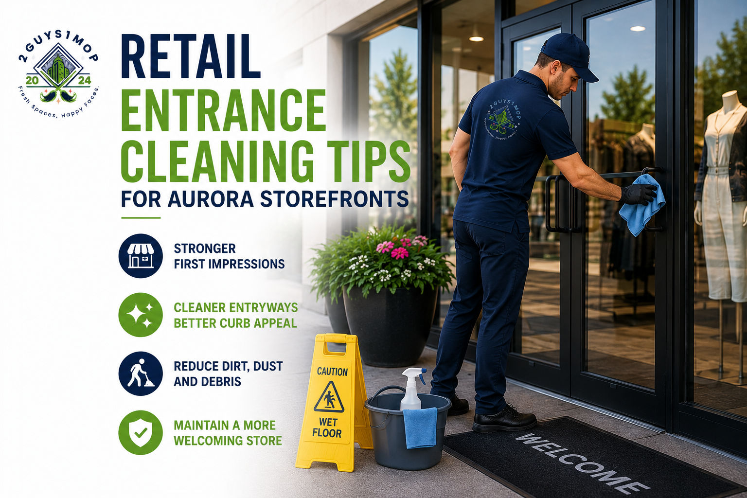 Retail entrance cleaning Aurora storefront with a cleaner wiping commercial glass doors