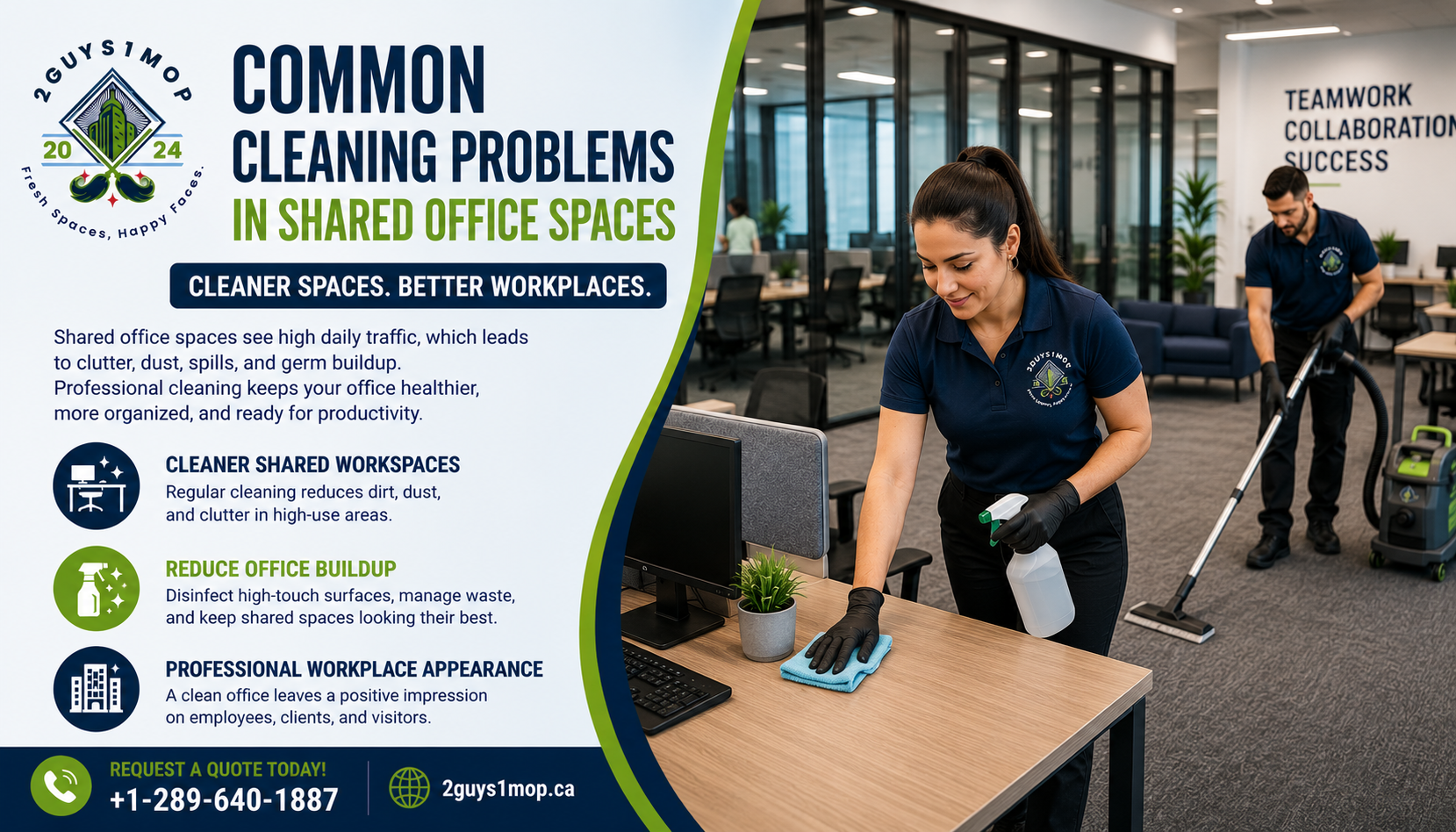 Shared office cleaning North York with commercial cleaners disinfecting desks and vacuuming office carpets