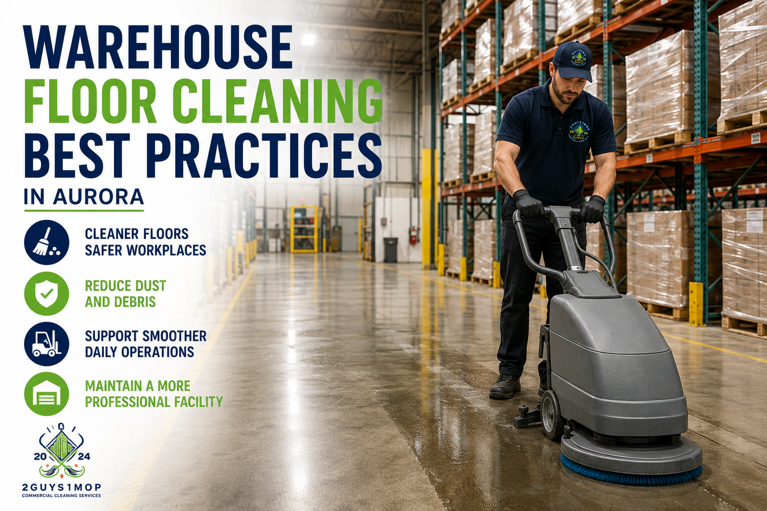 Warehouse floor cleaning Aurora facility with a worker operating a floor scrubber in an industrial warehouse