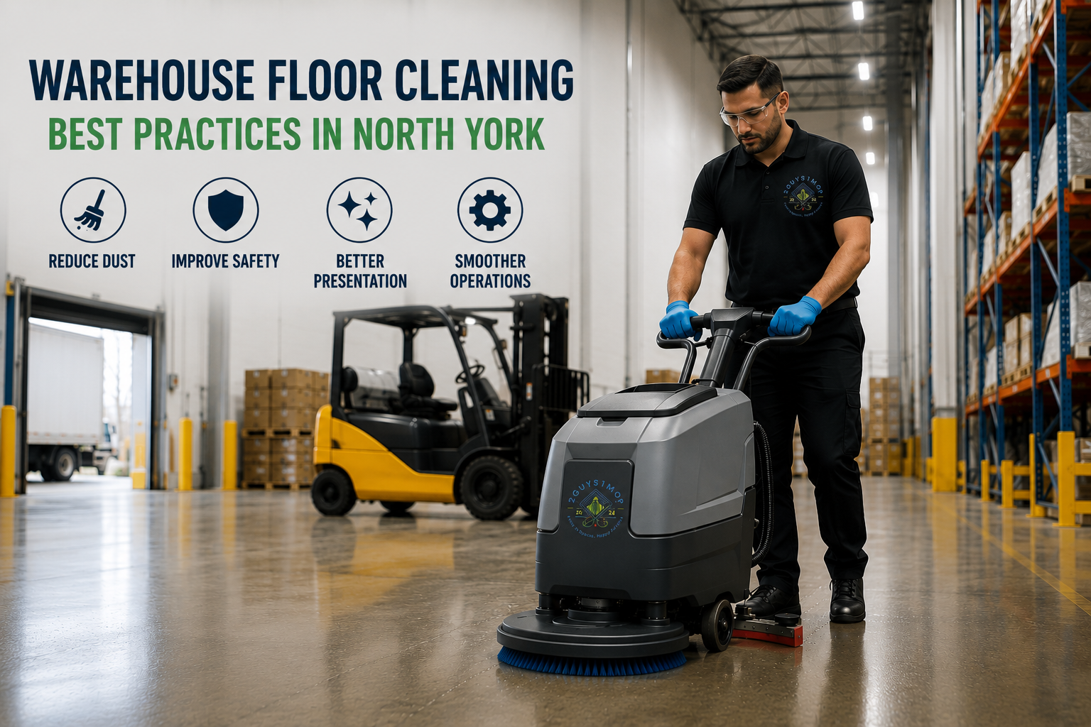Warehouse floor cleaning North York facility with a worker operating an industrial floor scrubber