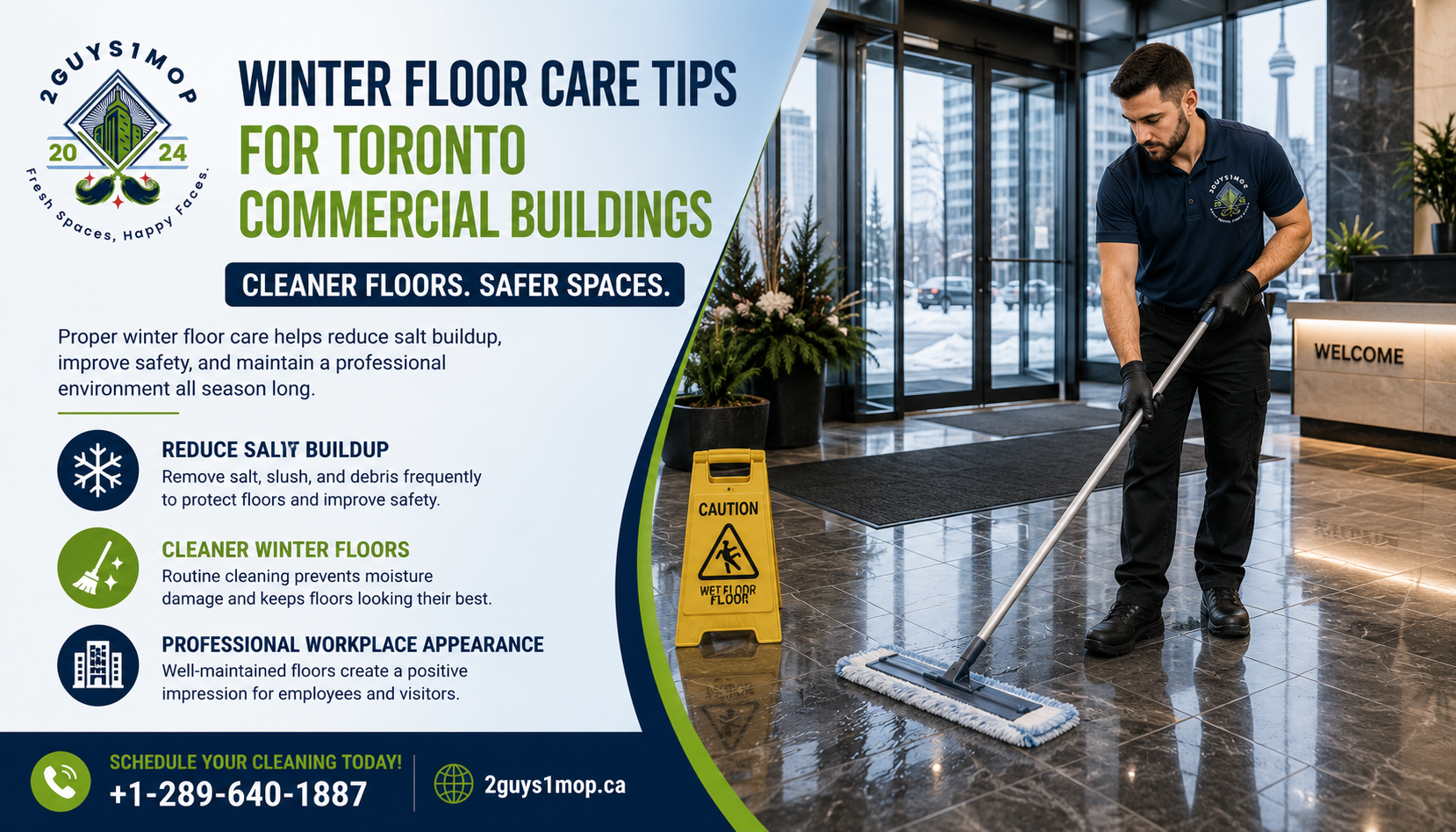 Commercial floor care Toronto building with a cleaner maintaining winter floors near a lobby entrance