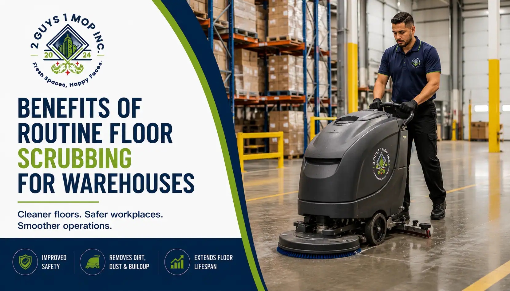 Professional cleaner using a floor scrubber on a warehouse floor in Toronto